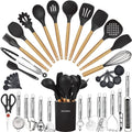 Cooking Utensils Set- 35 PCs Kitchen Utensils with Grater,Tongs, Spoon Spatula &Turner Made of Heat Resistant Food Grade Silicone and Wooden Handles Kitchen Gadgets Tools Set for Cookware