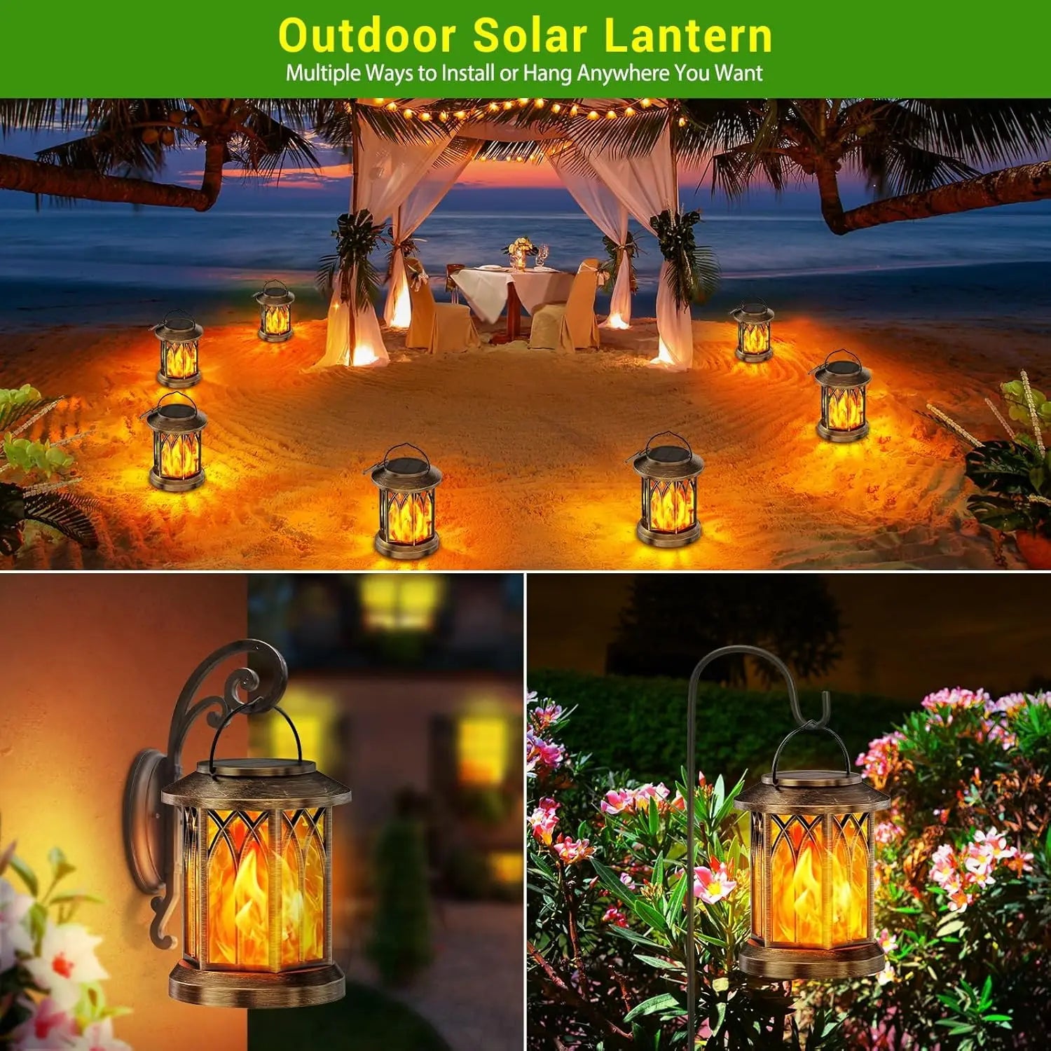 Waterproof Flickering Flame Solar Lantern Outdoor, Auto On/Off Hanging Bronze Lantern for Yard Garden Patio Table Decor