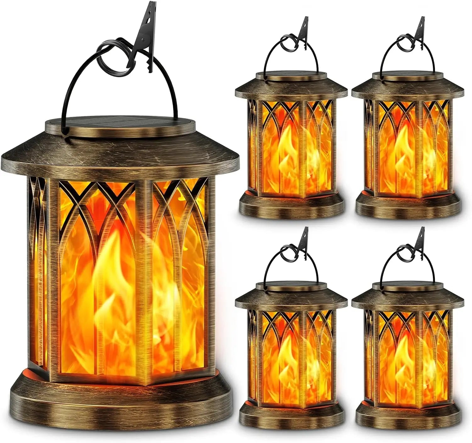 Waterproof Flickering Flame Solar Lantern Outdoor, Auto On/Off Hanging Bronze Lantern for Yard Garden Patio Table Decor