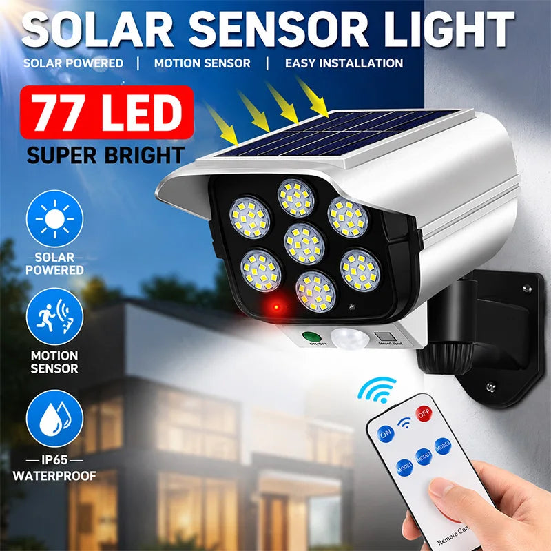 Outdoor Motion Sensor Solar Lights 66 LED FloodLight Waterproof Wireless Dummy Decoy Fake Security Camera for Porch Garden Patio
