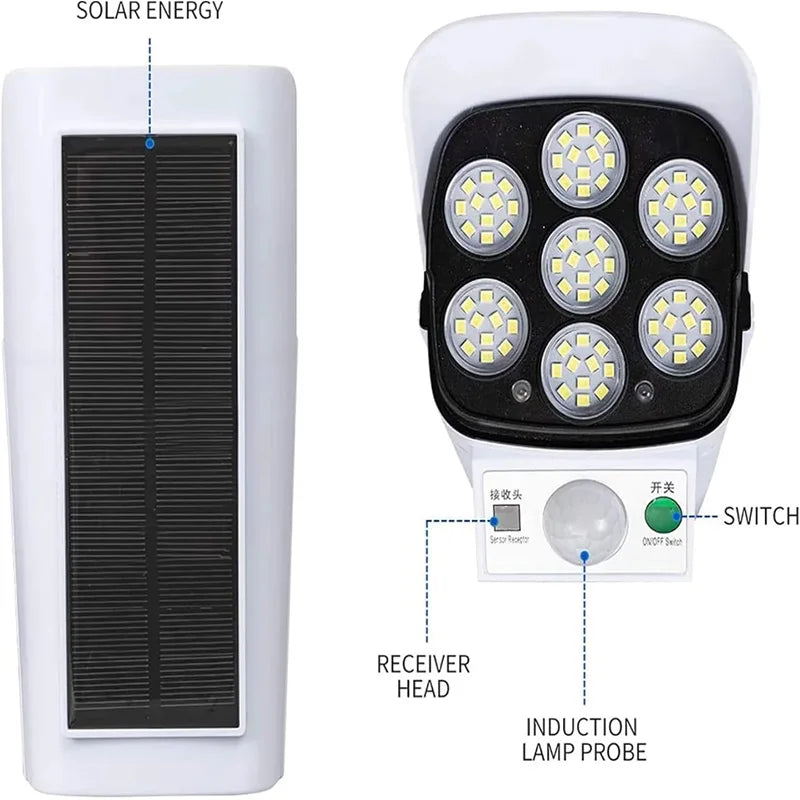 Outdoor Motion Sensor Solar Lights 66 LED FloodLight Waterproof Wireless Dummy Decoy Fake Security Camera for Porch Garden Patio
