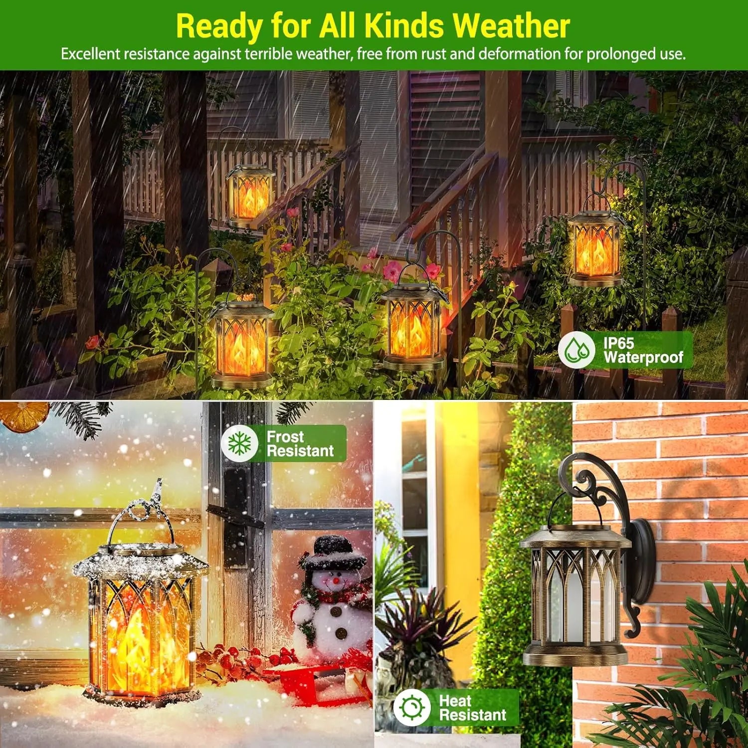 Waterproof Flickering Flame Solar Lantern Outdoor, Auto On/Off Hanging Bronze Lantern for Yard Garden Patio Table Decor