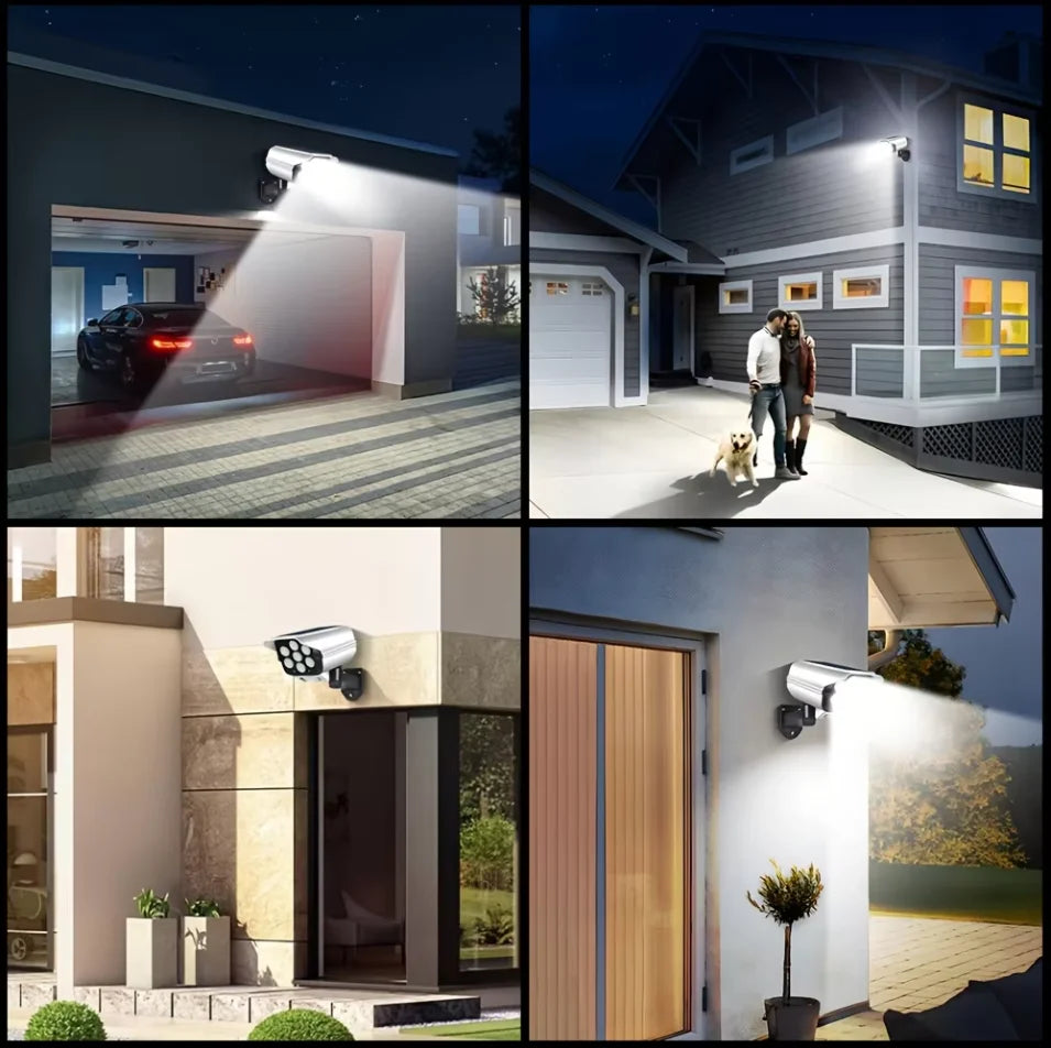 Outdoor Motion Sensor Solar Lights 66 LED FloodLight Waterproof Wireless Dummy Decoy Fake Security Camera for Porch Garden Patio
