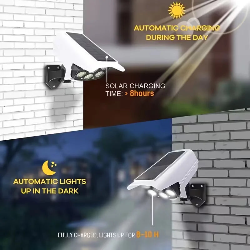 Outdoor Motion Sensor Solar Lights 66 LED FloodLight Waterproof Wireless Dummy Decoy Fake Security Camera for Porch Garden Patio