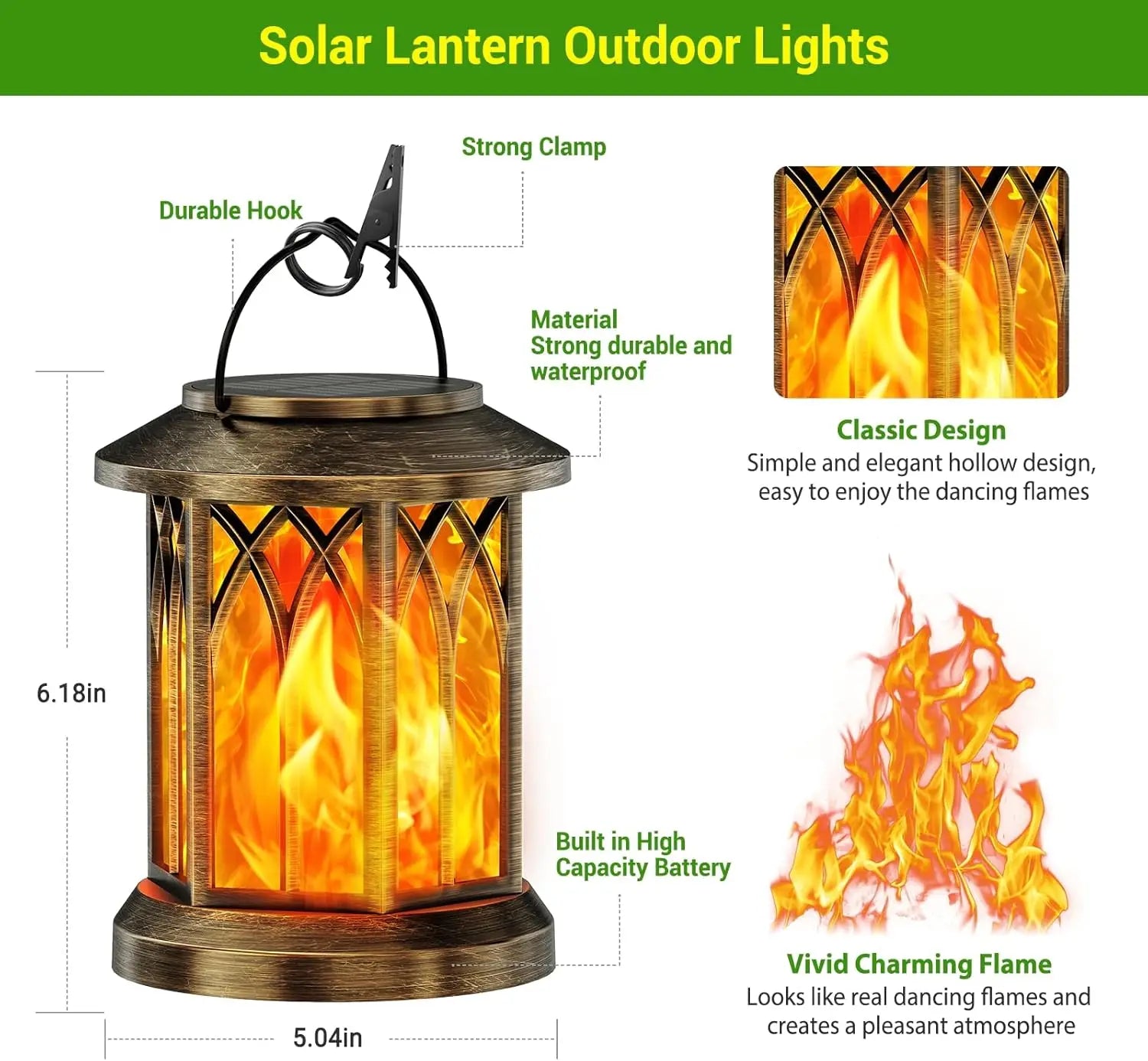 Waterproof Flickering Flame Solar Lantern Outdoor, Auto On/Off Hanging Bronze Lantern for Yard Garden Patio Table Decor