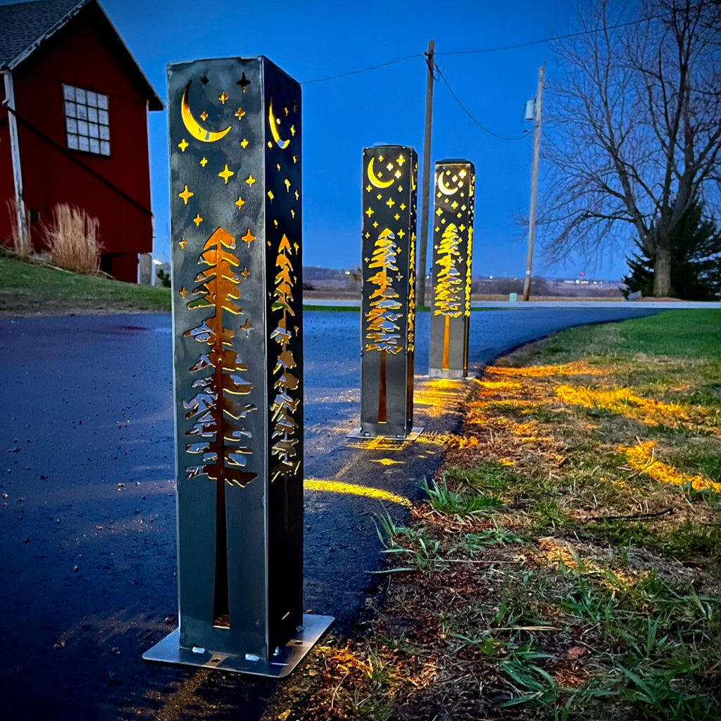 4-Sided Night Sky Pine Tree Solar Pillar - Steel