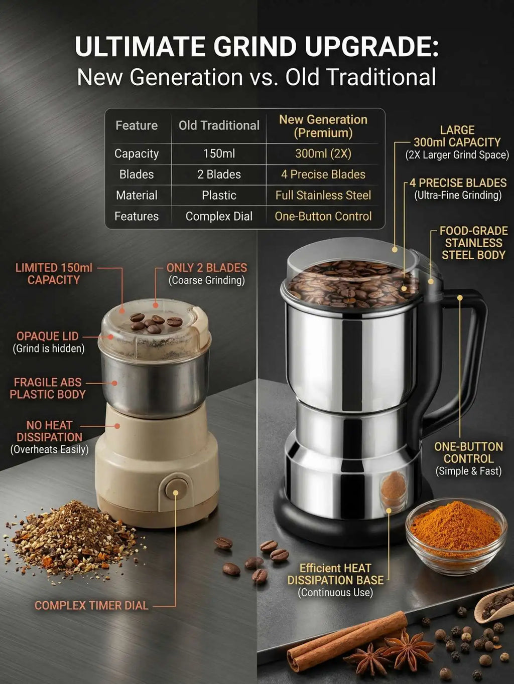 Multi-functional Electric Grinder, High-Power Food-grade Coffee & Grain Grinder,Coffee Lovers & Baby Complementary Food