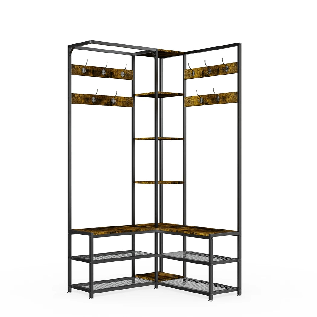 Heavy Duty Corner Coat Stand with Shoe Bench Hall Tree Free Standing Clothes Hat Hanger