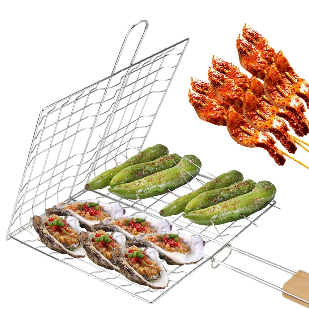 Barbecue Grilling Reusable Meat Fish Clip Holder Wooden Handle Stainless Steel Grill Mesh Foldable BBQ Grill Mat Grilling Basket