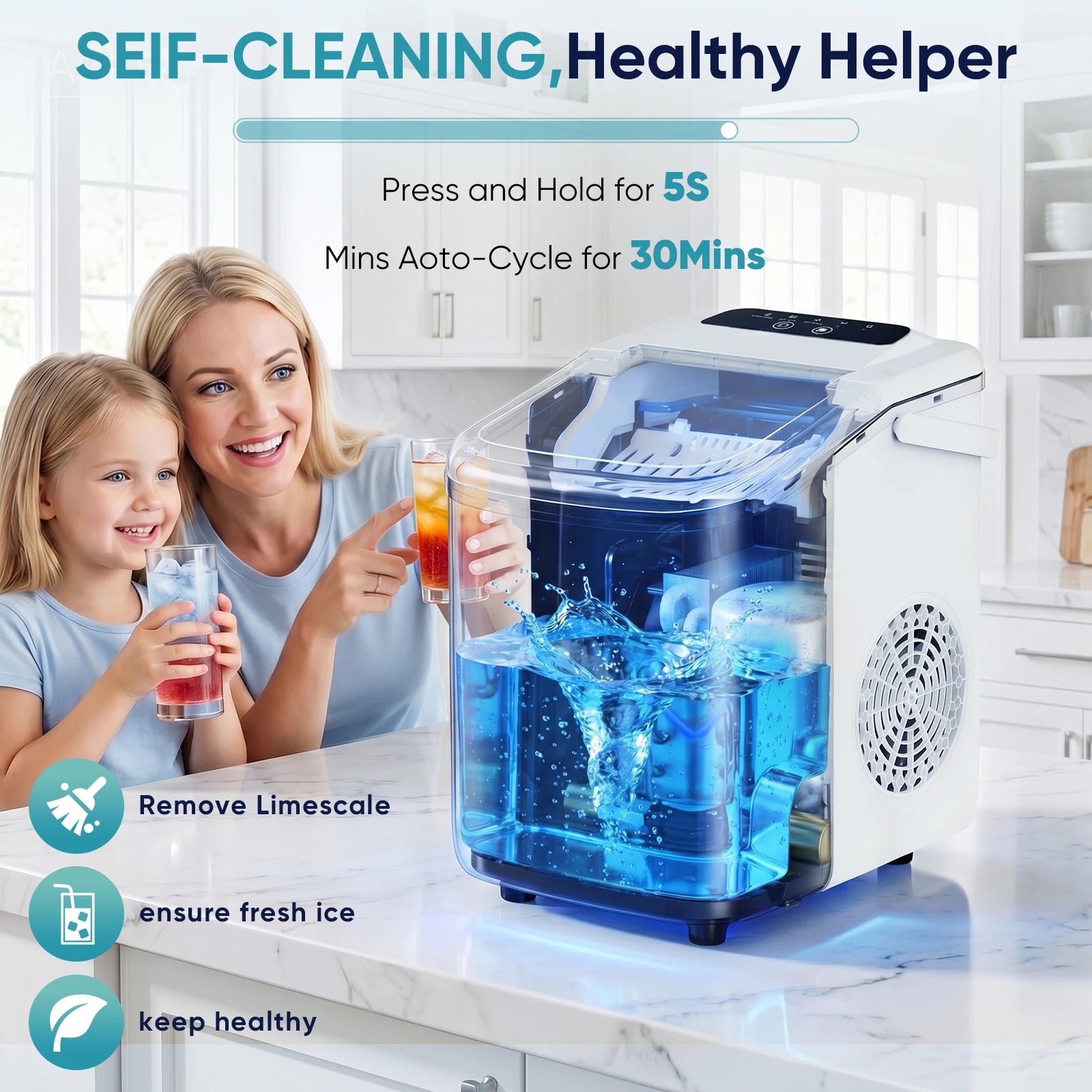 Small Portable Ice Machine Countertop Ice Maker with Scoop Basket and Handle 9 Ice Cubes Ready in 6 Mins 26.5lbs in 24Hrs for Home Kitchen Party