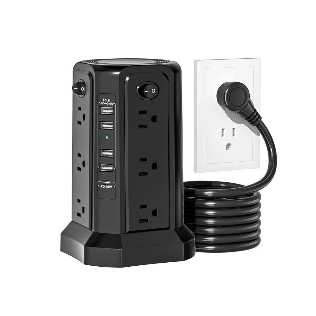 The tower power strip features 12 AC outlets and 5 USB ports (including 1 USB-C), equipped with a 1080J surge protector.