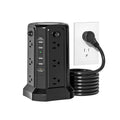 The tower power strip features 12 AC outlets and 5 USB ports (including 1 USB-C), equipped with a 1080J surge protector.