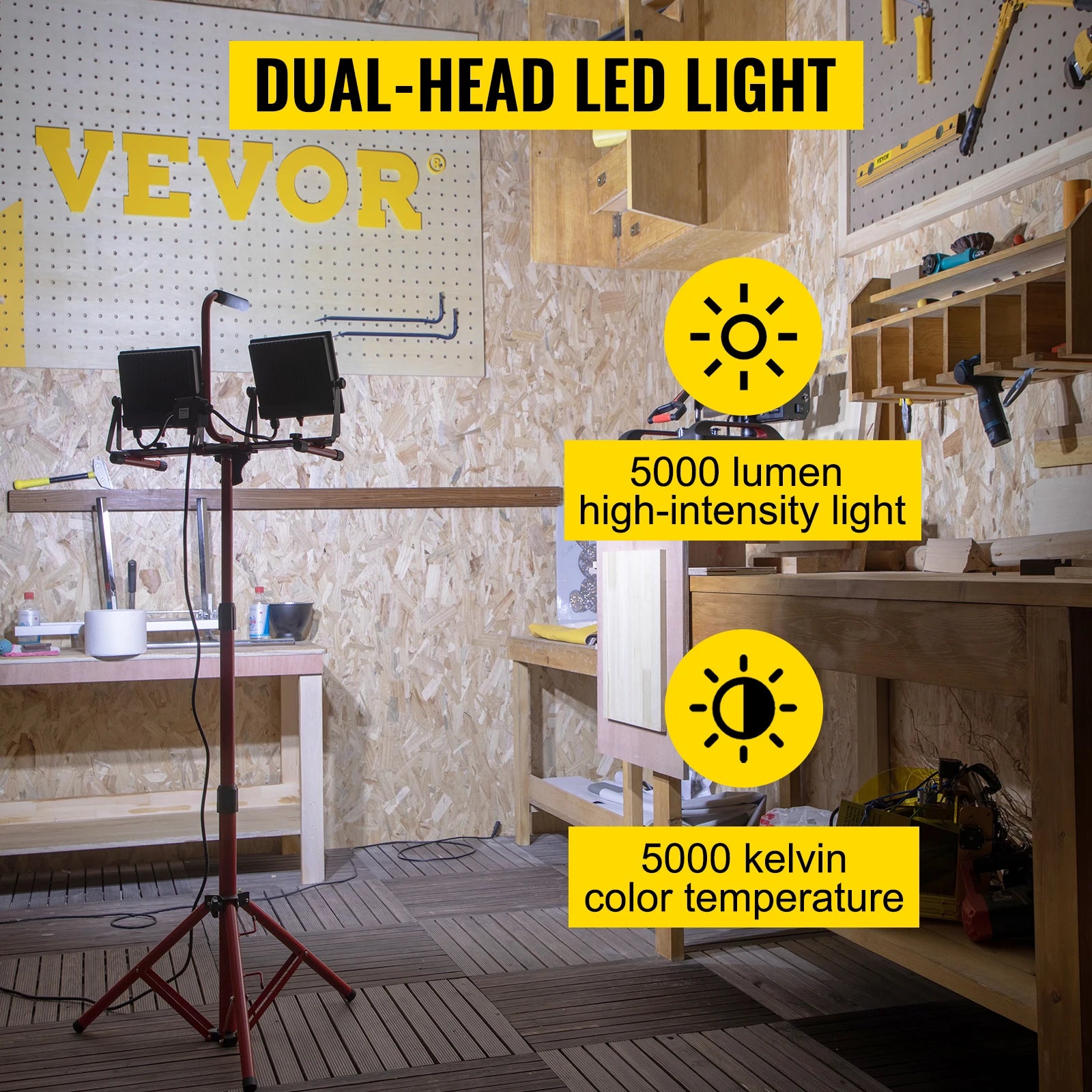 SucceBuy LED Work Light with Stand 5000/10000Lumen Dual head LED Tripod Work Light w/27.6"-68.1"Adjustable&Foldable Tripod Stand