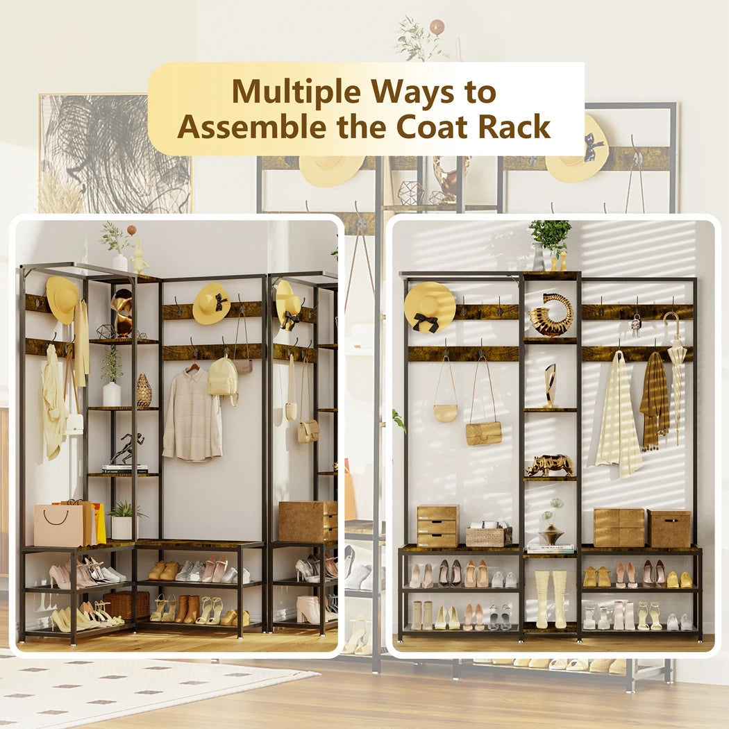 Heavy Duty Corner Coat Stand with Shoe Bench Hall Tree Free Standing Clothes Hat Hanger
