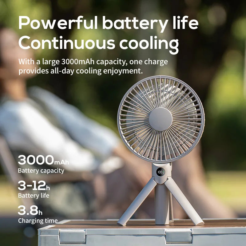 Portable Handheld Rechargeable Fan LED Digital Display 180°Adjustable Fan 4 Speed Tripod Fan