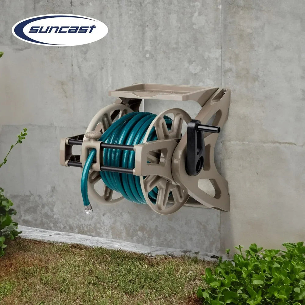 Wall-Mounted Hose Reel Holds 175 ft 5/8" Vinyl Hose Resin Organizer Slide Trak Guide Accessory Tray Garden