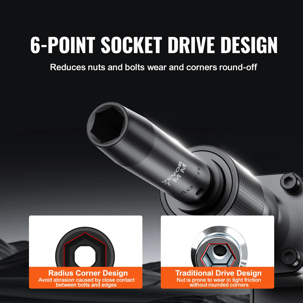 1/2" Drive Impact Socket Set  6 Point Cr-V Alloy Steel for Auto Repair Easy-to-Read Size Markings Rugged Construction