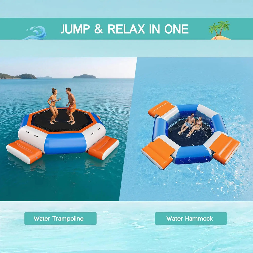 Inflatable Water Trampoline, 15FT Floating Water Bouncer with 3 Platforms, High Elastic Net, Durable PVC, Large, Customized