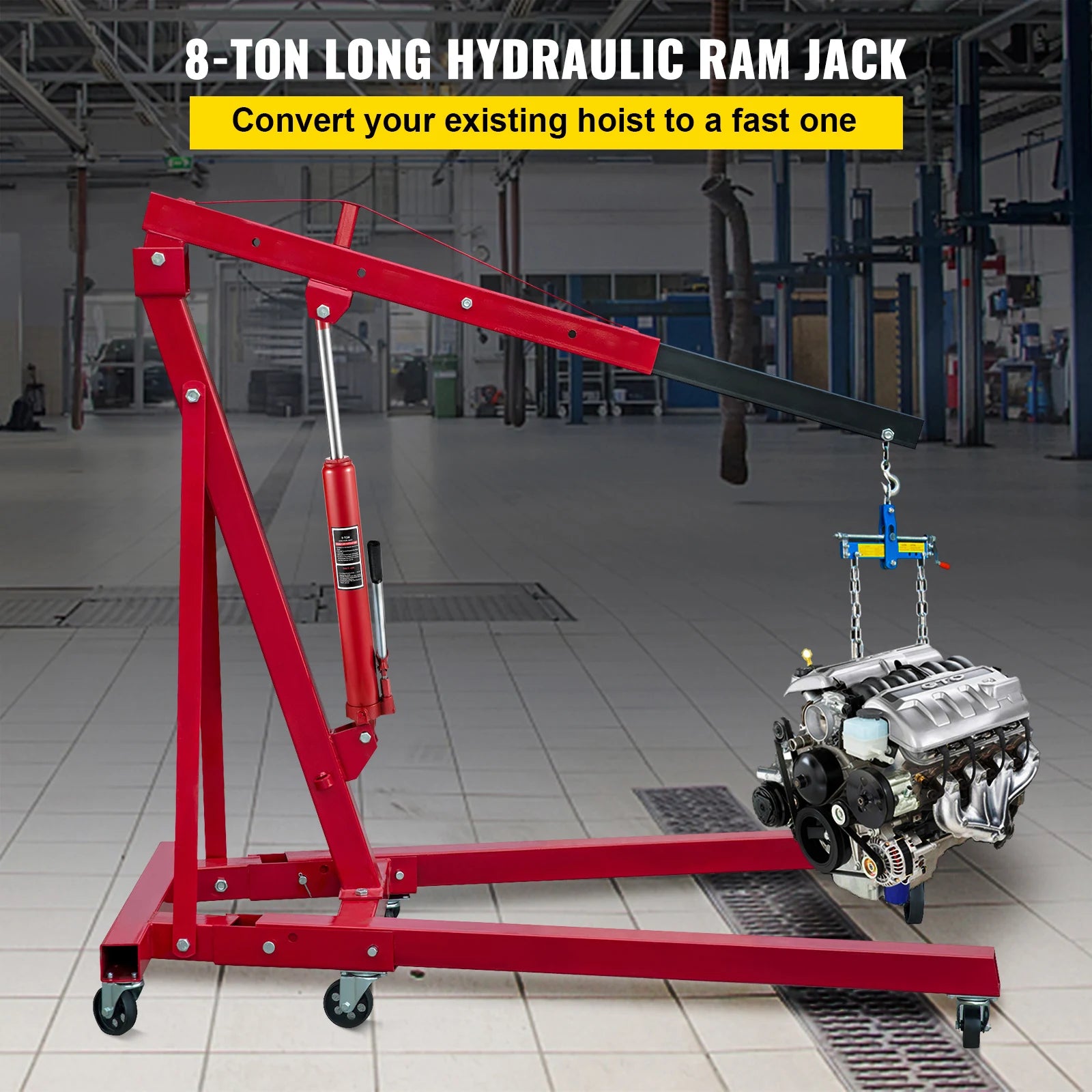 Hydraulic Long Ram Jack 8 Tons/17363 lbs Clevis Base Manual Cherry Picker for Garage/Shop Cranes Engine Lift Hoist Red