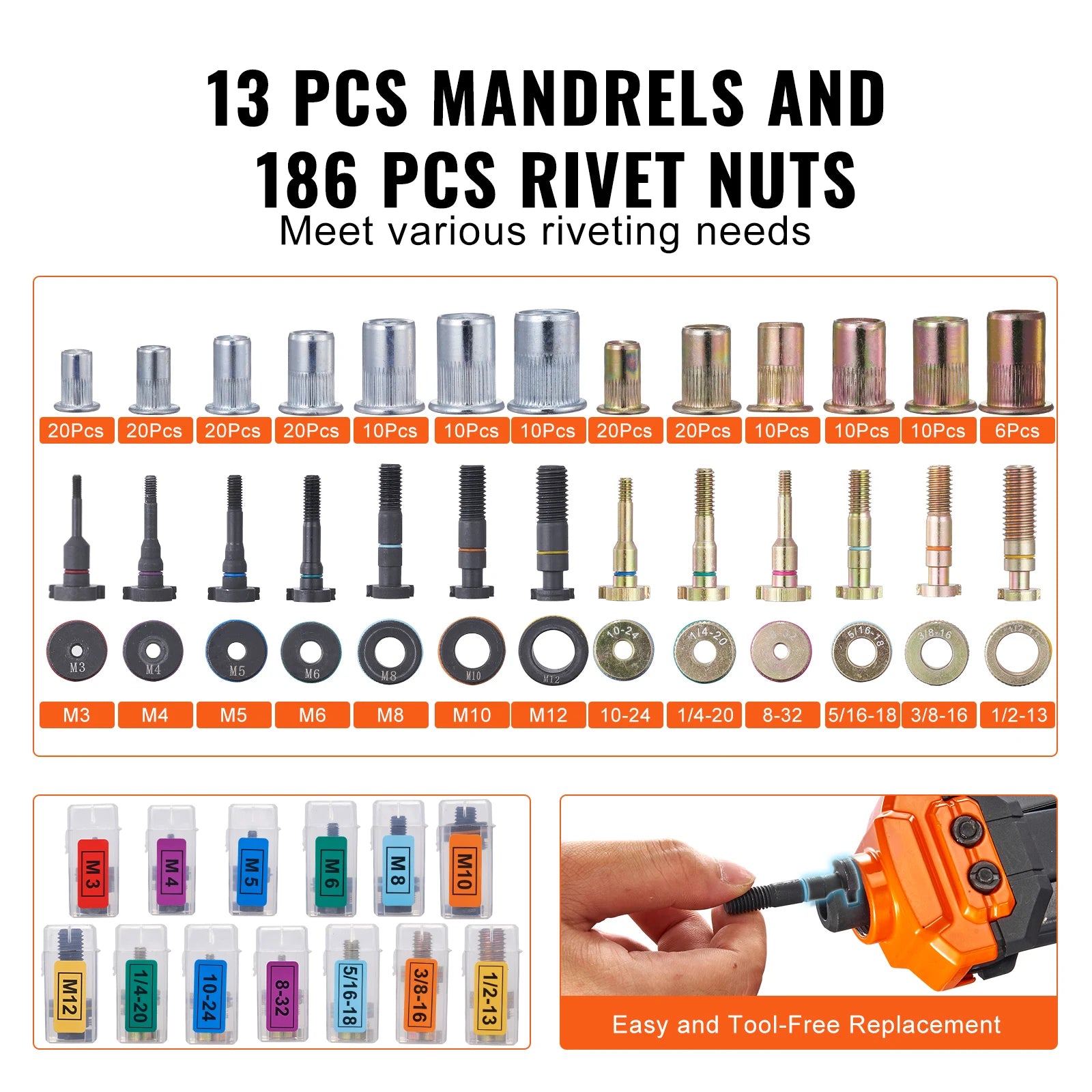 14" 16" Rivet Nut Tool Rivnut Tool Kit with Metric and SAE Mandrels 70PCS/186PCS Rivet Nuts With Rugged Carrying Case