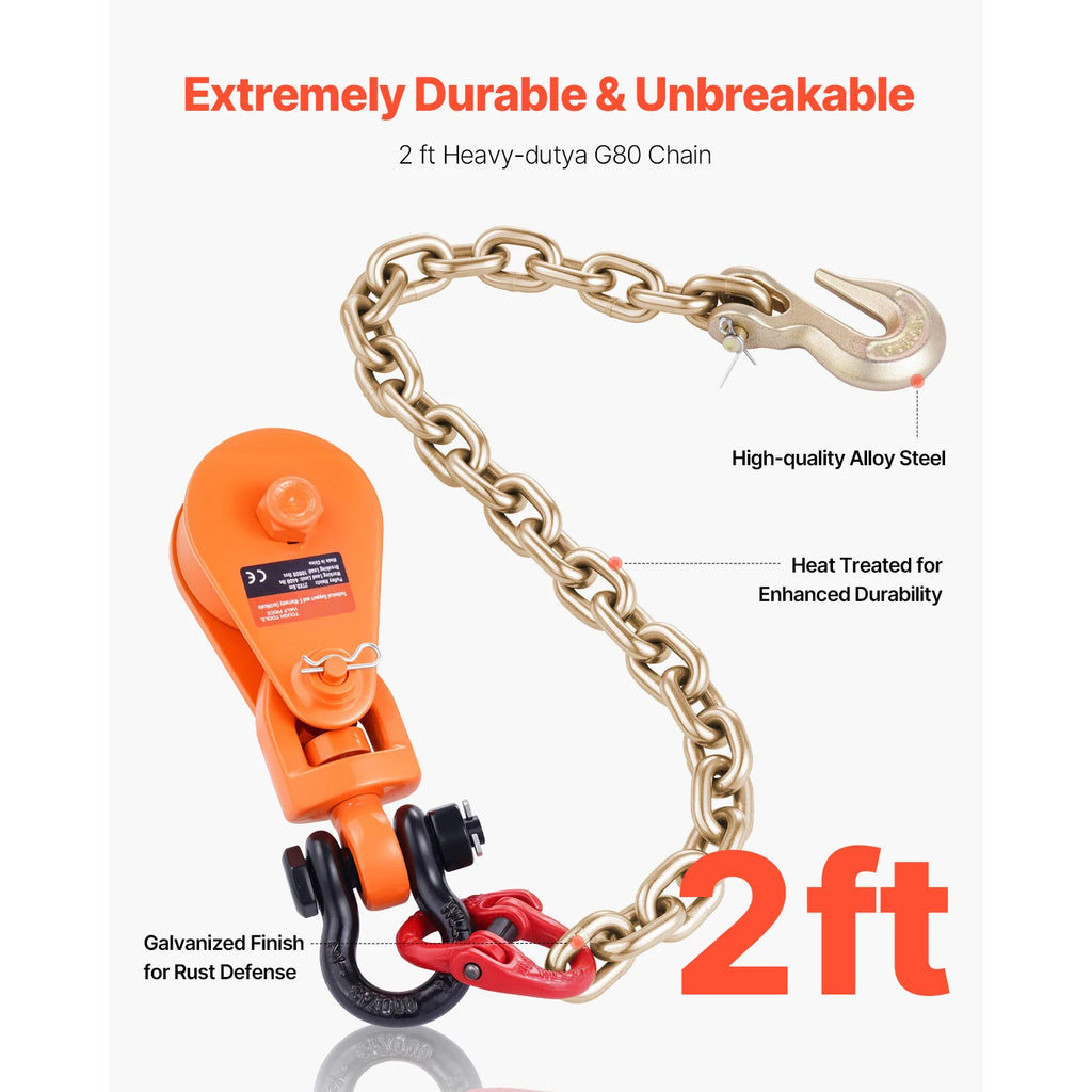 2T Snatch Block Pulley System with G80 Chain & Swivel Shackle 3"Sheave for 3/8" Rope Towing Recovery on Truck Rollback