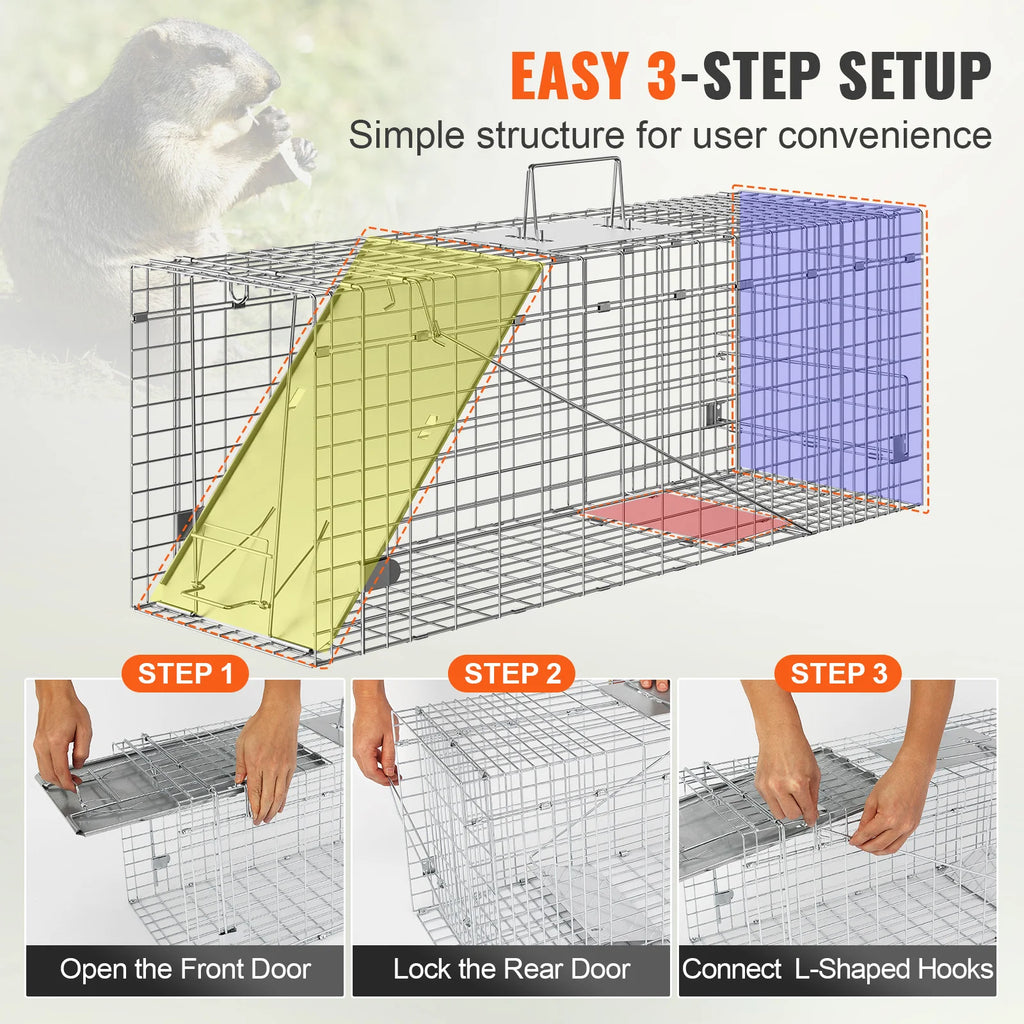 Live Animal Cage Trap Humane Cat Trap Galvanized Iron Folding Animal Trap with Handle for Rabbits Stray Cats Squirrels