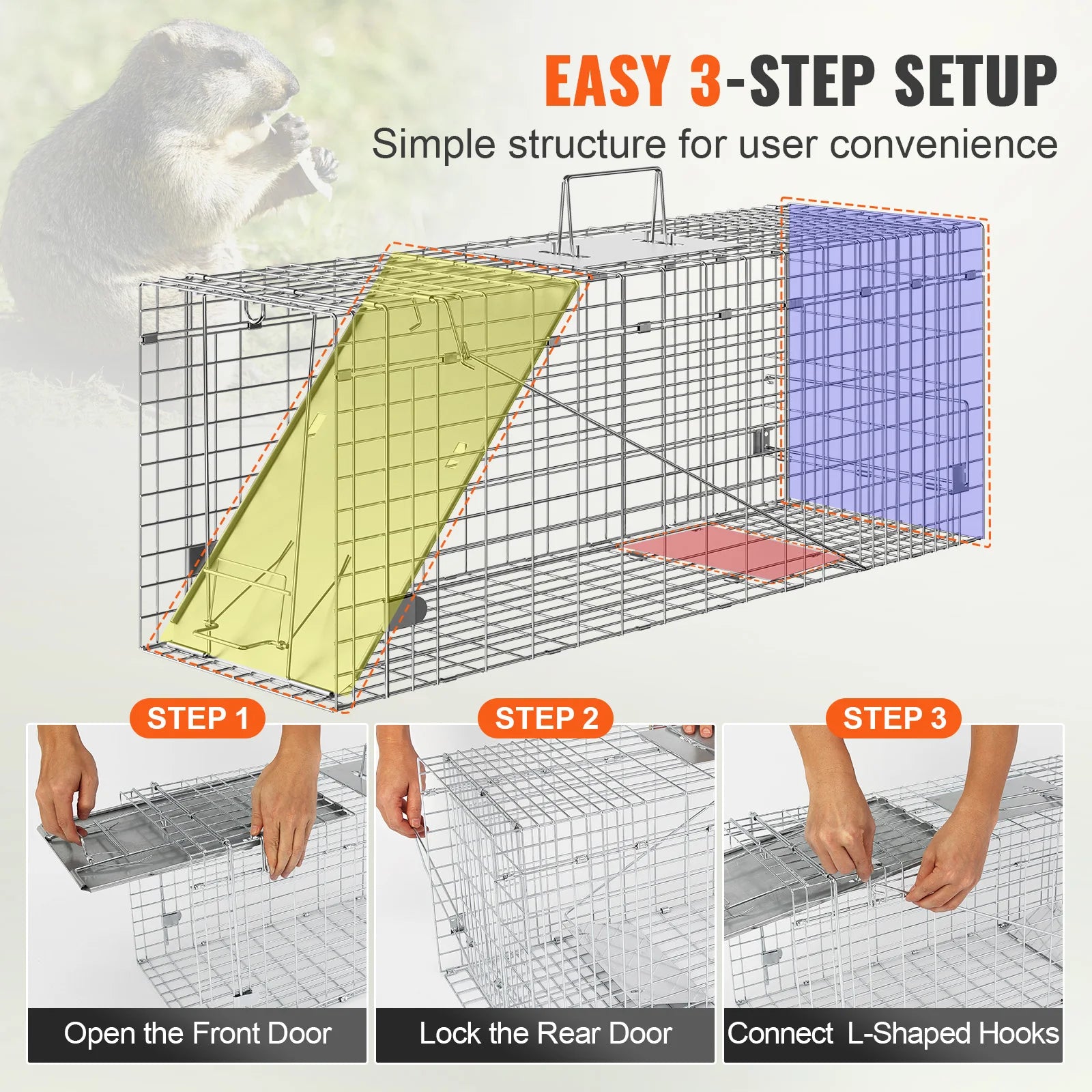 Live Animal Cage Trap Humane Cat Trap Galvanized Iron Folding Animal Trap with Handle for Rabbits Stray Cats Squirrels