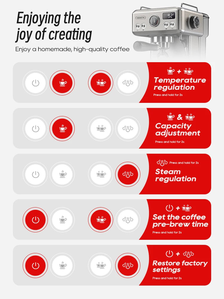 20Bar Semi Automatic Espresso Coffee Machine Temperature Adjustable 58mm Portafilter Cold/Hot Coffee Maker Metal CaseH10A