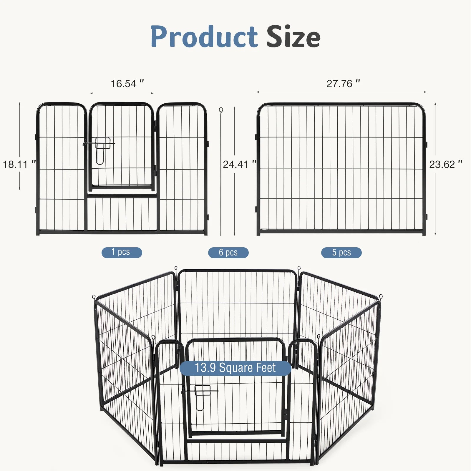 6 Panels Metal Dog Playpen Pet Fence 24 Inch to 40 Inch Foldable Large Dog Puppy Exercise for Yard Gate Camping Outdoor