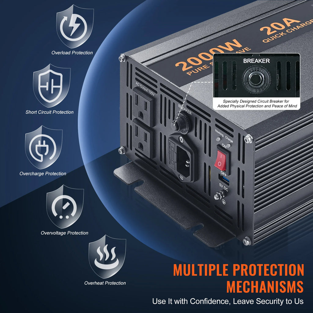 SucceBuy 2000W/2500W  Battery Backup System LCD Display Auto Switches to Battery Inverter Power for Emergency Power Use