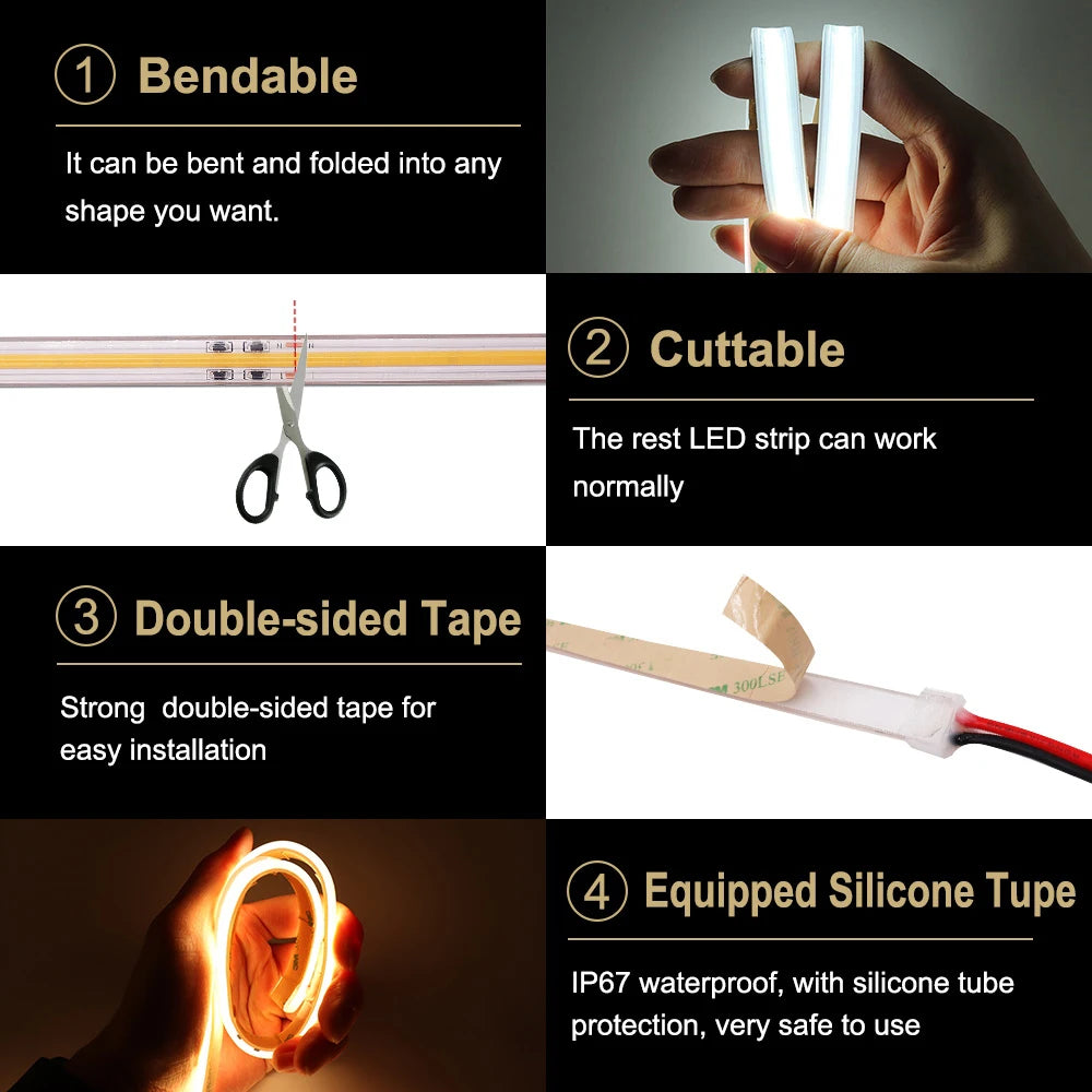 AC 110V 220V COB LED Strip Flexible Neon Light Bar IP67 Driverless High Bright 5m 10m 20m 30m 50m FOB COB Linear Tape LED CRI 90