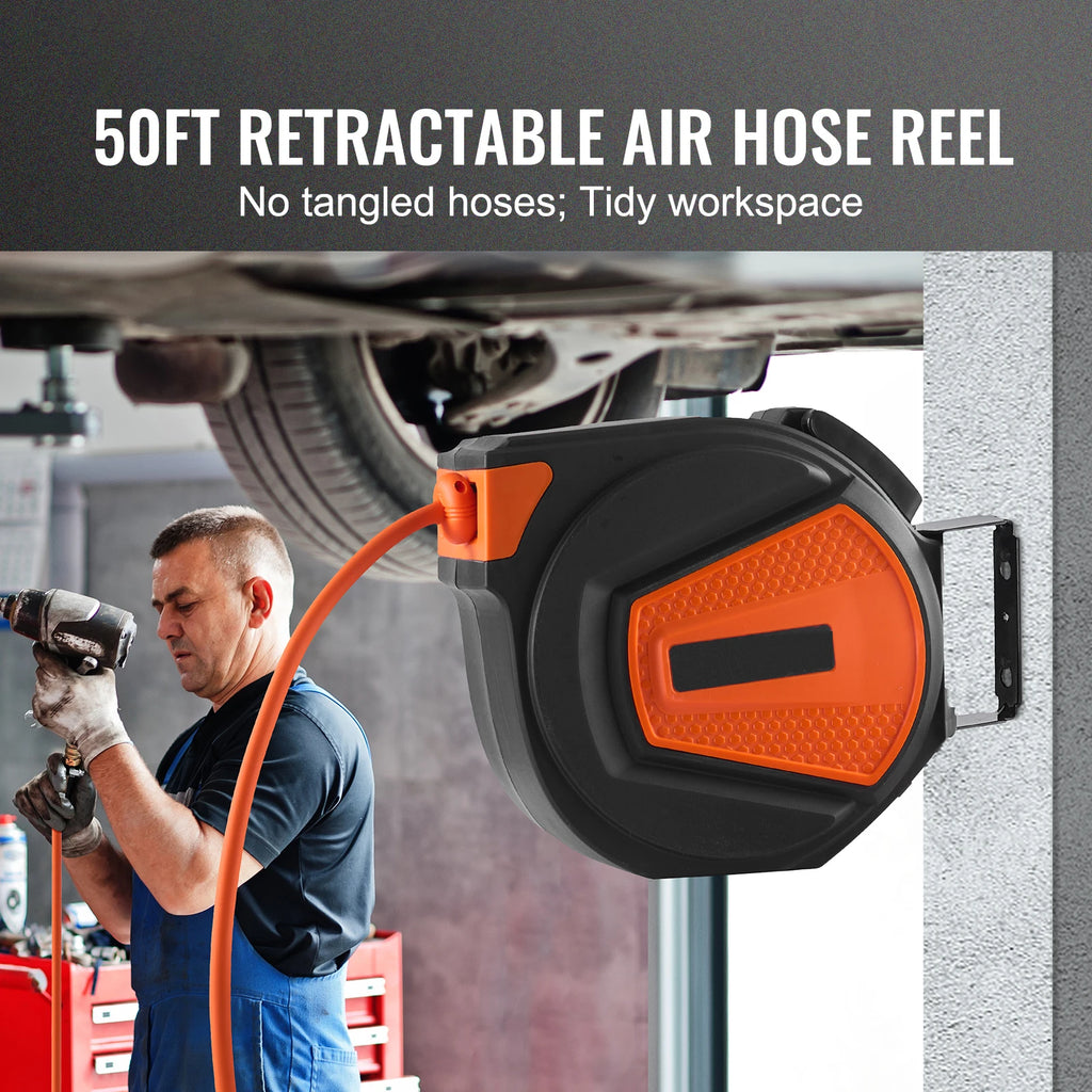 50FT Retractable Air Hose Reel WallMount PVC Hose Automatic Rewinding Swivel Line Compressor for Automobile Maintenance