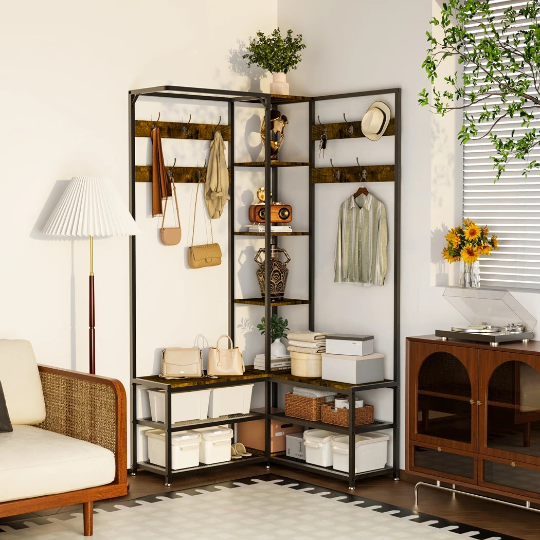 Heavy Duty Corner Coat Stand with Shoe Bench Hall Tree Free Standing Clothes Hat Hanger