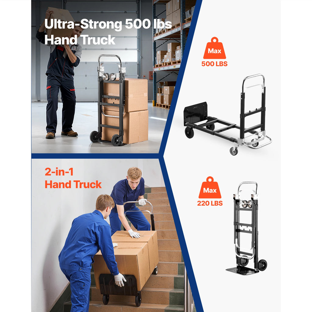 2 in 1 Folding Hand Truck 500lb Load Capacity for 4-Wheel Mode Convertible Hand Truck Dolly with Wheels for Moving Home