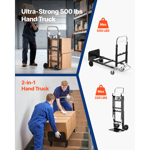 2 in 1 Folding Hand Truck 500lb Load Capacity for 4-Wheel Mode Convertible Hand Truck Dolly with Wheels for Moving Home