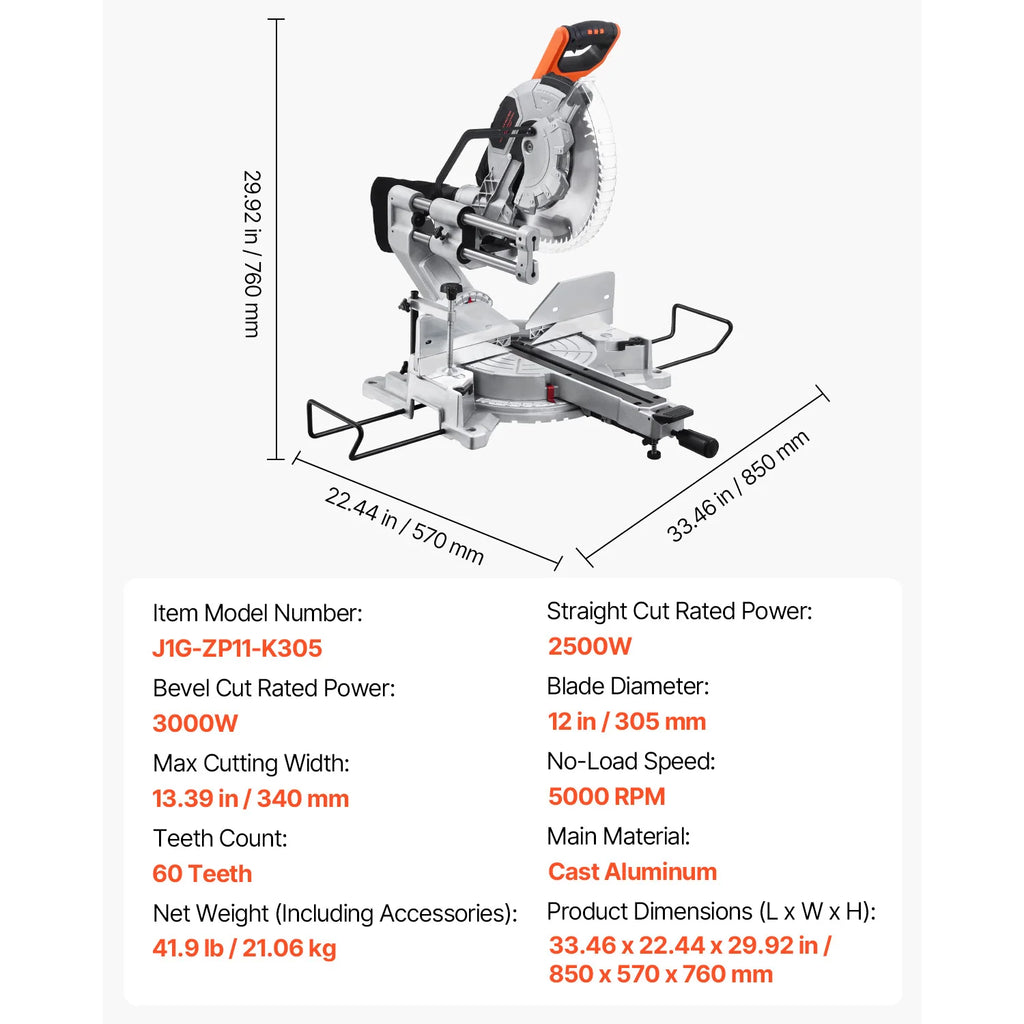 Sliding Compound Miter Saw 12-Inch Blade 15Amp Motor 60-Tooth Corded Double Bevel Sliding Miter Saw LED Alignment