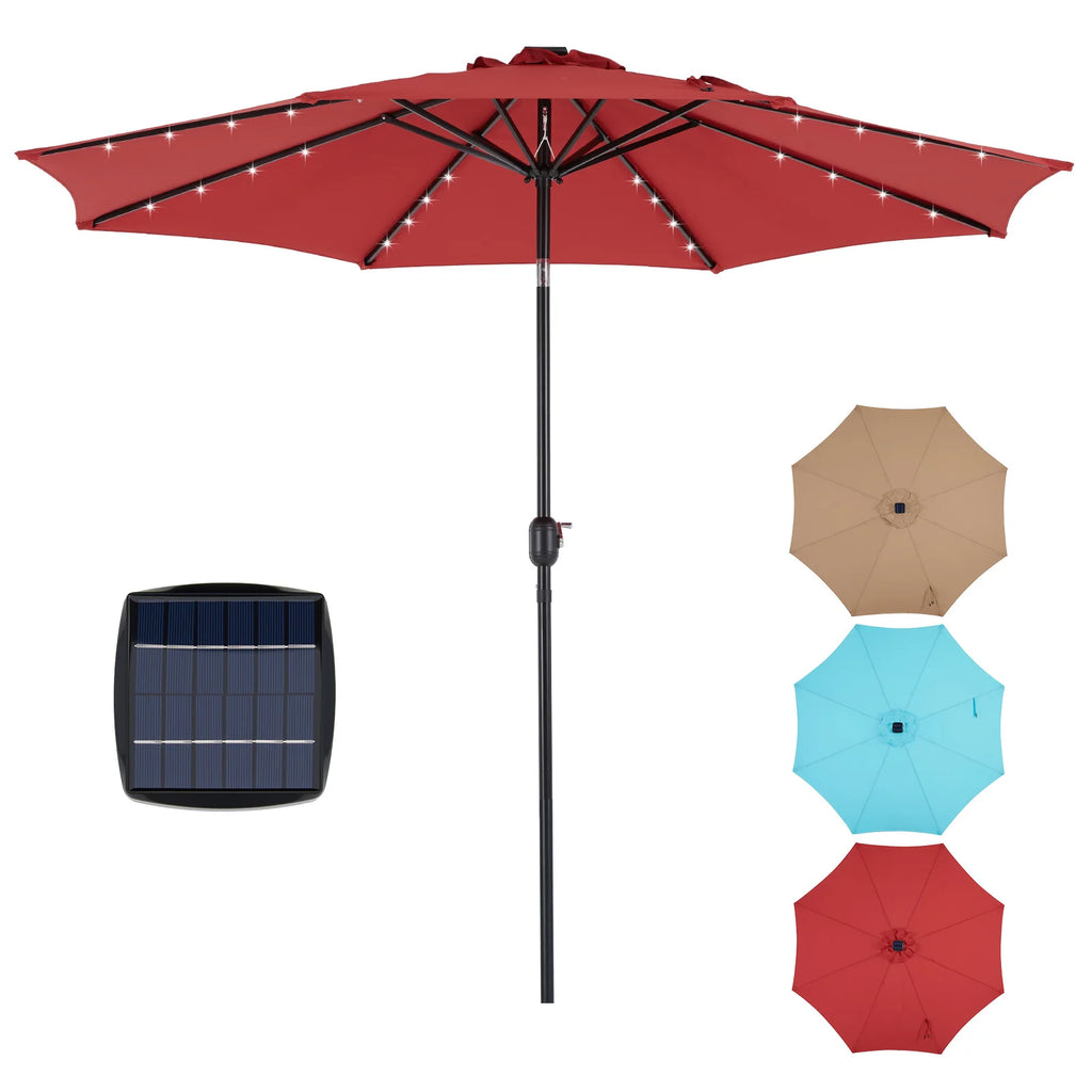 10FT Solar Patio Umbrella with 32 LED Lights UV-Resistant Outdoor Table Umbrella with Tilt and Crank for Backyard Garden