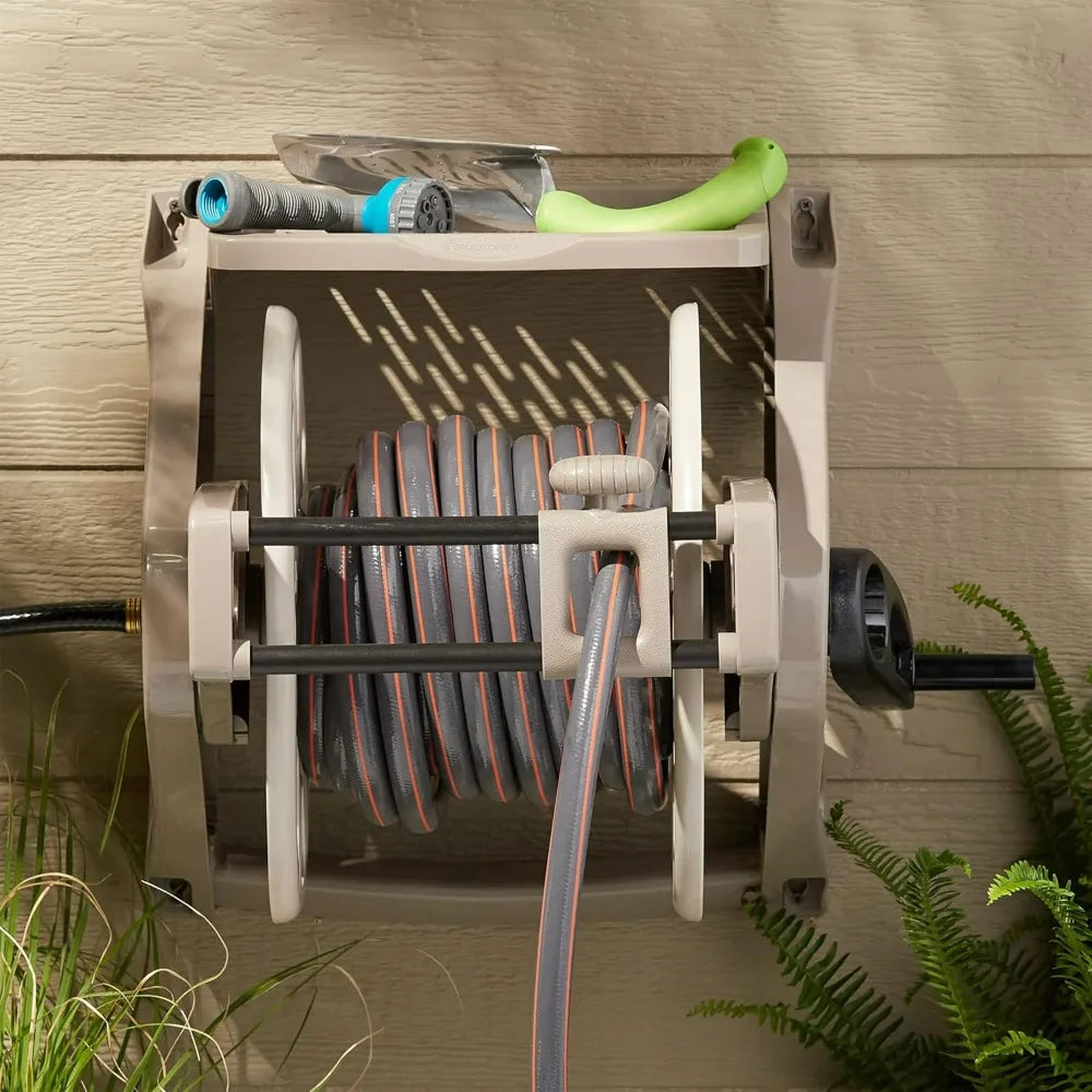 Wall-Mounted Hose Reel Holds 175 ft 5/8" Vinyl Hose Resin Organizer Slide Trak Guide Accessory Tray Garden