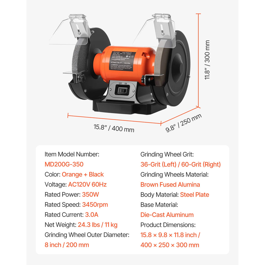 Bench Grinder 8-inch Single Speed Bench Grinder with Induction Motor Adjustable Eye Shield for Fast Sharpening Grinding
