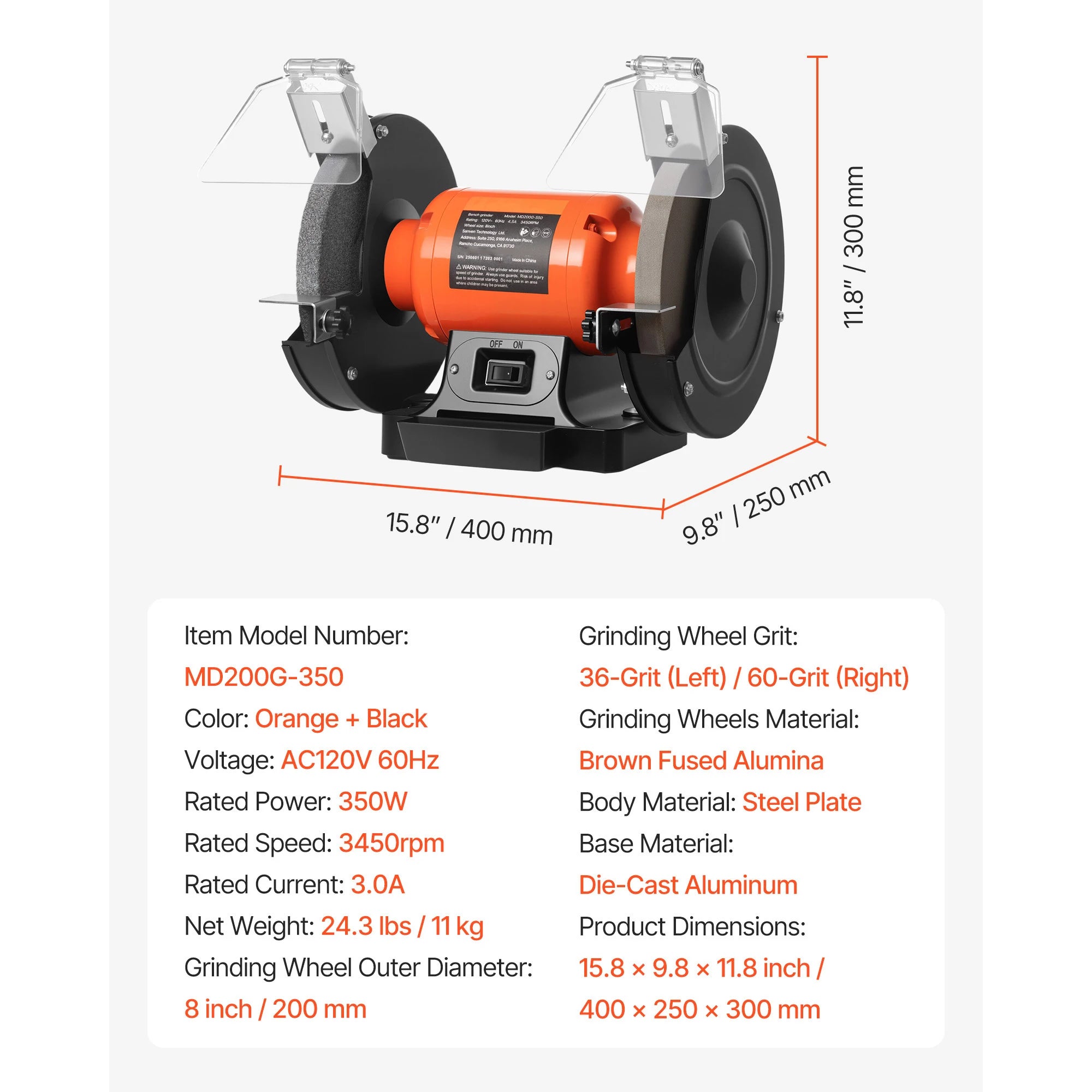 Bench Grinder 8-inch Single Speed Bench Grinder with Induction Motor Adjustable Eye Shield for Fast Sharpening Grinding