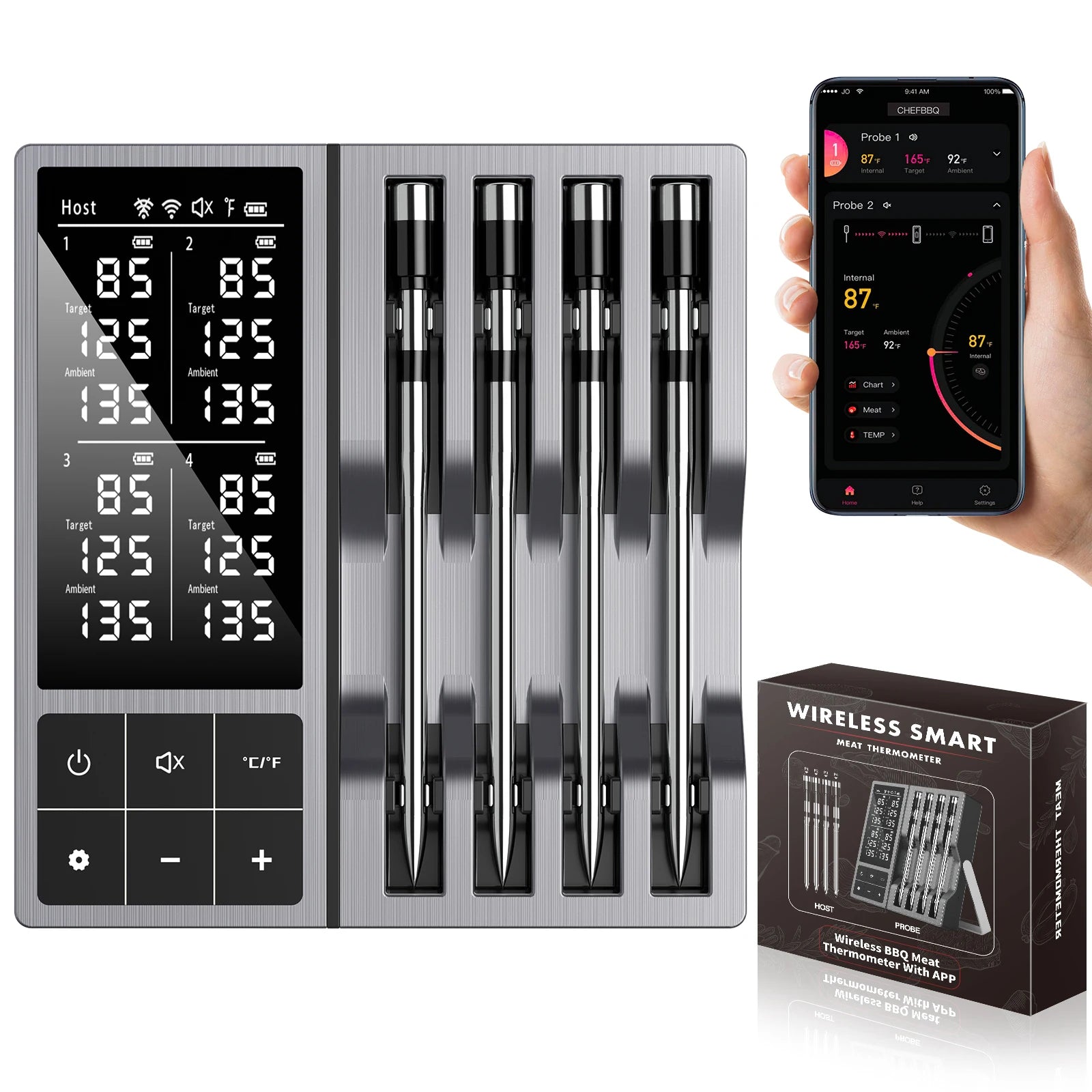 Wireless Bluetooth Meat Thermometer 4 Probe Support Smart Timer & APP Alerts, Big Digital Backlit Screen, for BBQ, Oven, Smoker