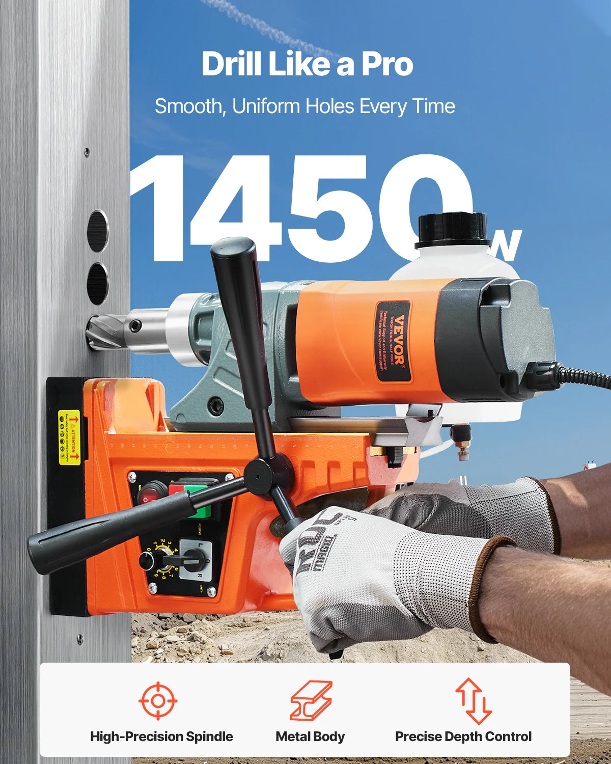 Magnetic Drill 1450W Motor Boring Diameter 2810 lbf Portable Electric Mag Drill Press Variable Speed Drilling Machine
