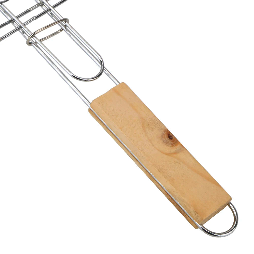 Barbecue Grilling Reusable Meat Fish Clip Holder Wooden Handle Stainless Steel Grill Mesh Foldable BBQ Grill Mat Grilling Basket