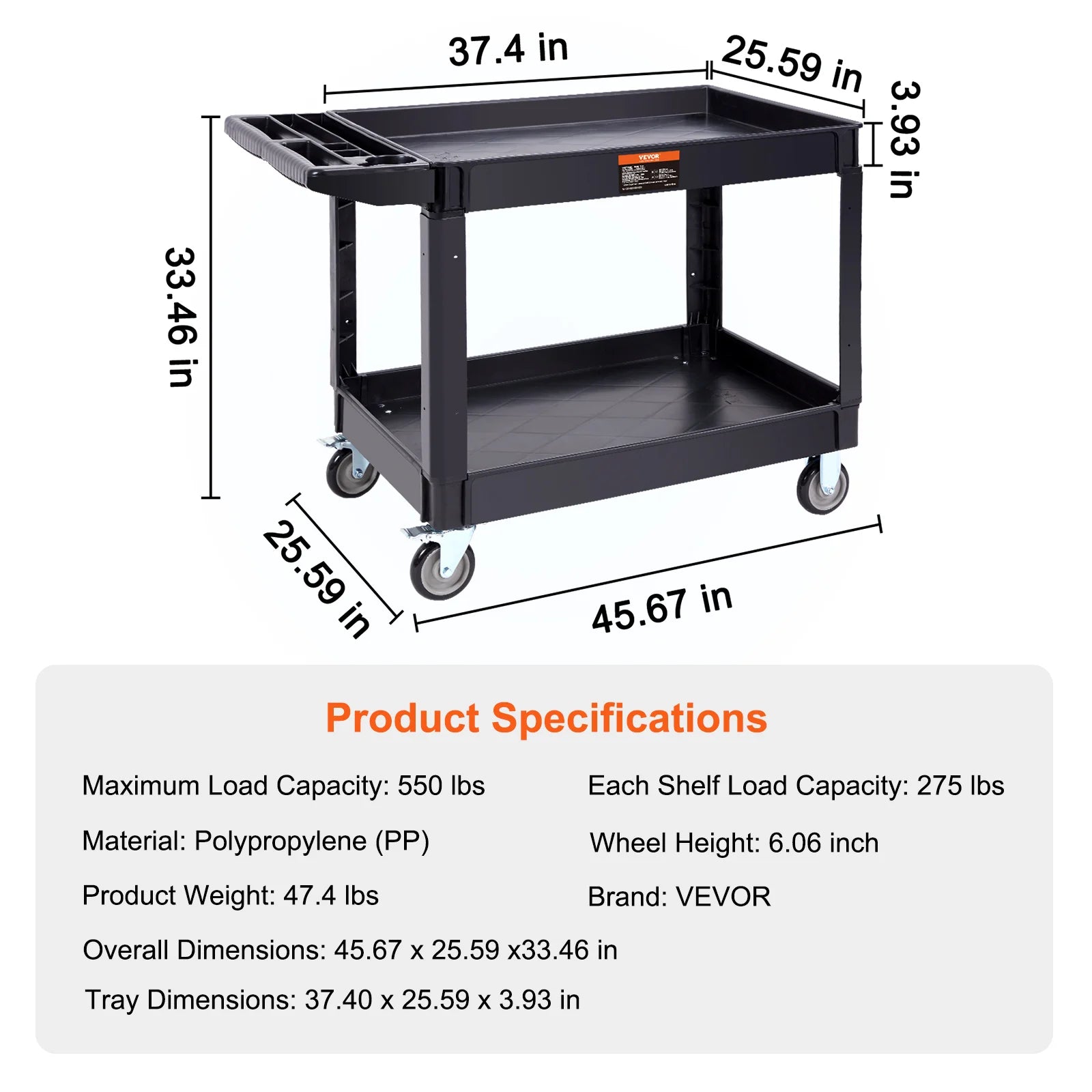 2/3 Shelf Utility Service Cart Dolly with 360° Swivel Wheels Ergonomic Storage Handle for Warehouse/Garage/Cleaning