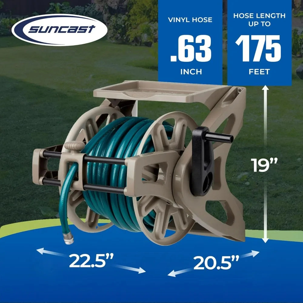 Wall-Mounted Hose Reel Holds 175 ft 5/8" Vinyl Hose Resin Organizer Slide Trak Guide Accessory Tray Garden