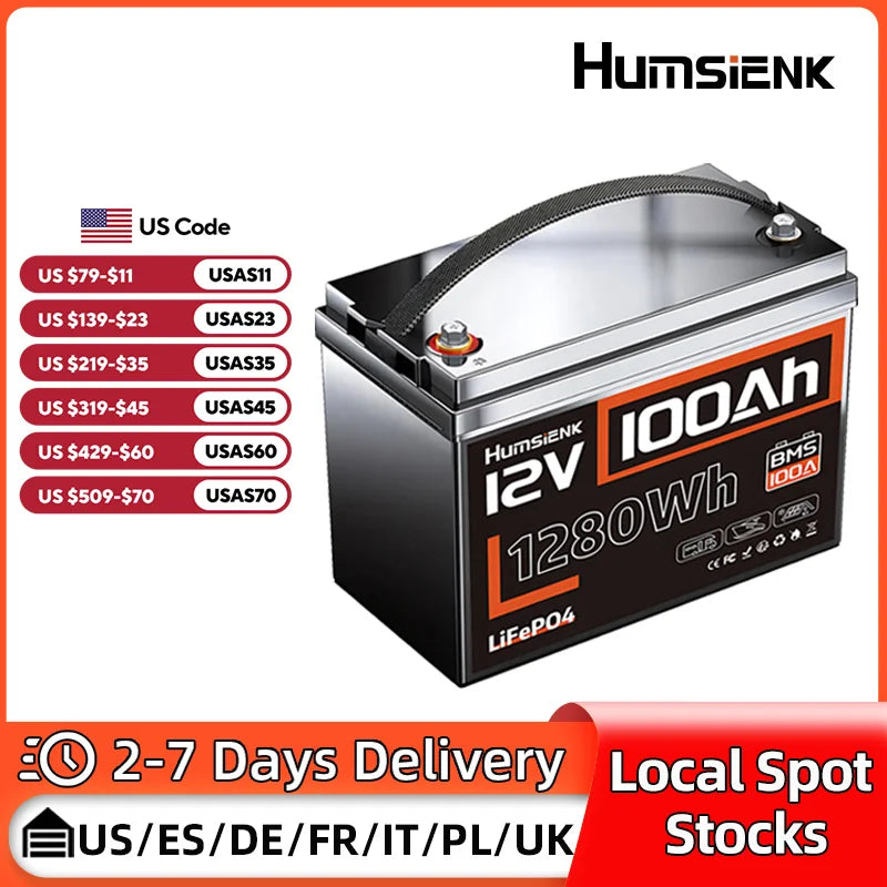 Humsienk 12V 100Ah Built-in 100A BMS Lithium Iron Phosphate Battery Packs For RV/ Vans/ Trolling Motor/Golf Cart/Camping/UL 1973