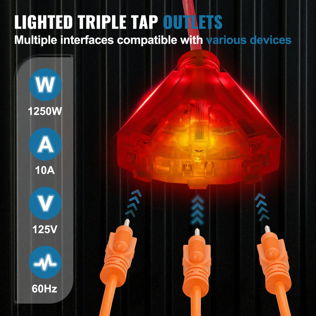 Retractable Extension Cord Reel 30FT Lighted Triple Tap Outlet 10 Amp Circuit Breaker 4.5FT Lead-in Cord Electrical Use
