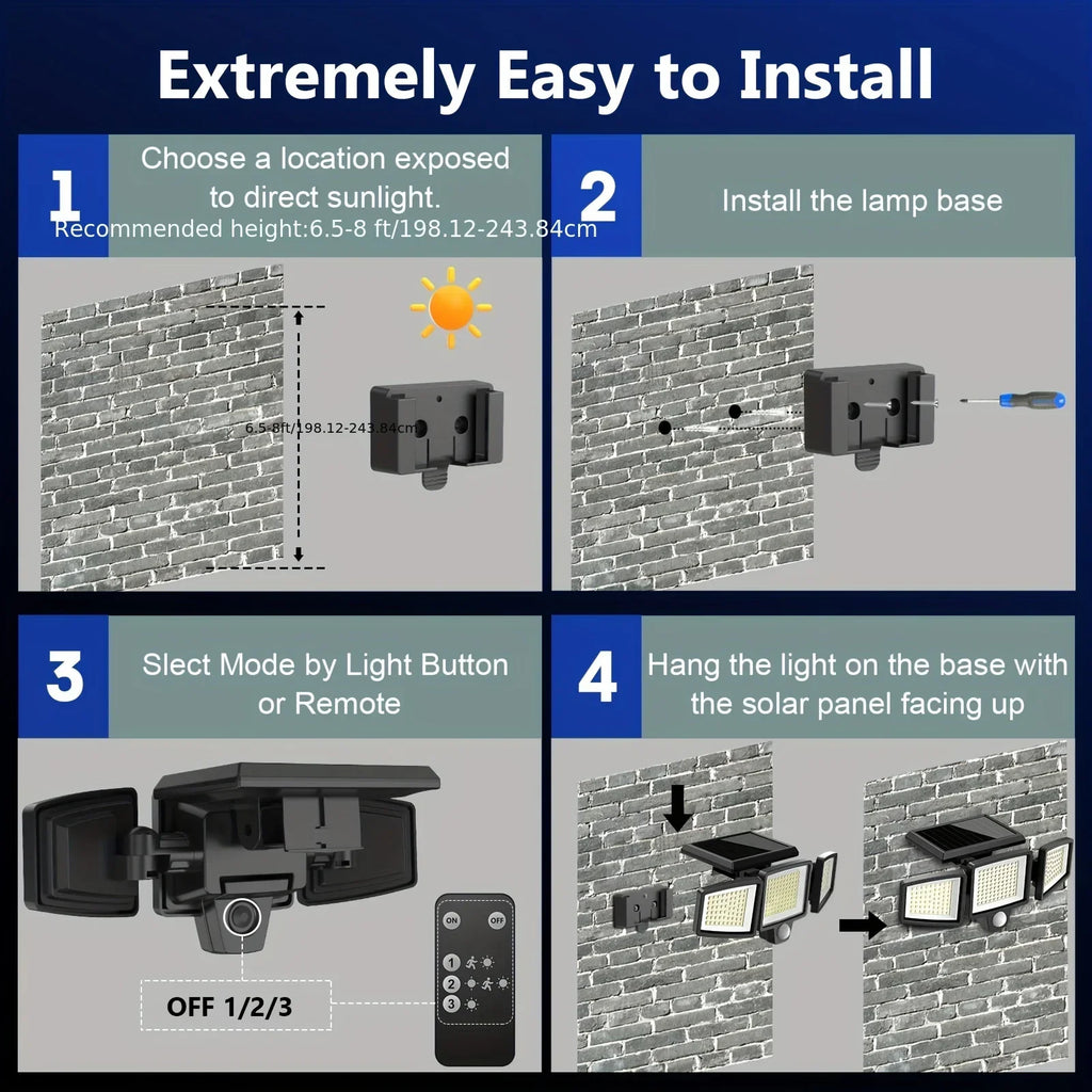 (5/4/3/2/1 pcs) 3-Head Solar Outdoor Light, Motion Sensor Security Light with Wireless Remote Control