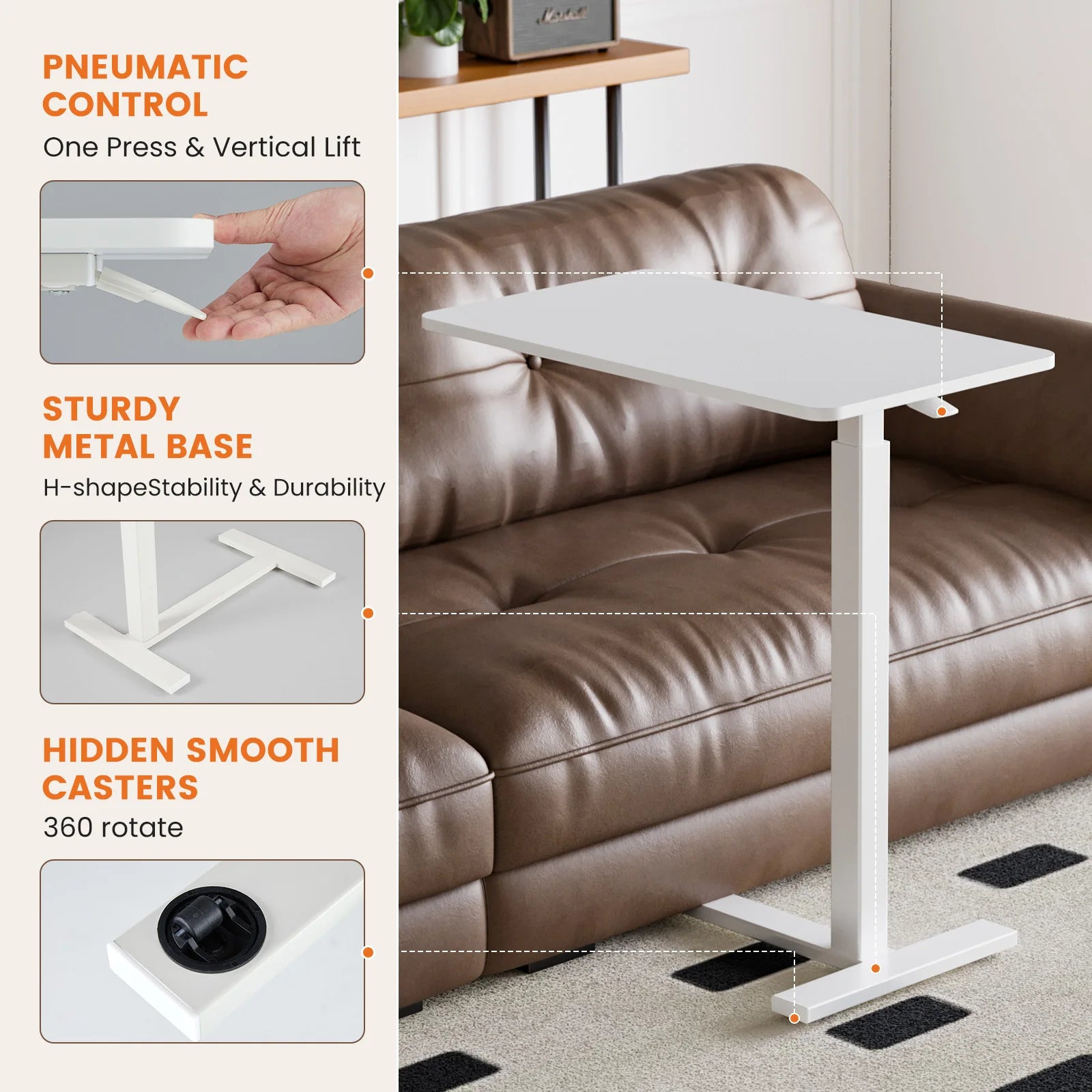 Overbed Bedside Sofa Table with Hidden Wheels Adjustable Height Home Use Bed Table Laptop Mobile Standing Desk For Bedroom