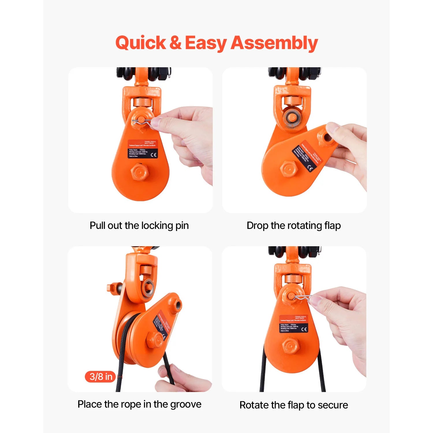 2T Snatch Block Pulley System with G80 Chain & Swivel Shackle 3"Sheave for 3/8" Rope Towing Recovery on Truck Rollback